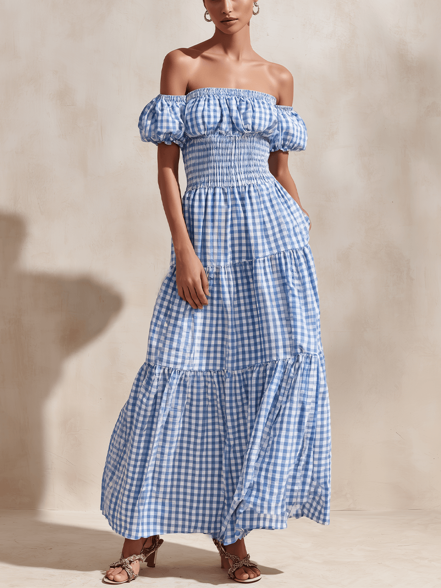 Gingham Off-the-Shoulder Maxi Dress with Puff Sleeves and Tiered Skirt