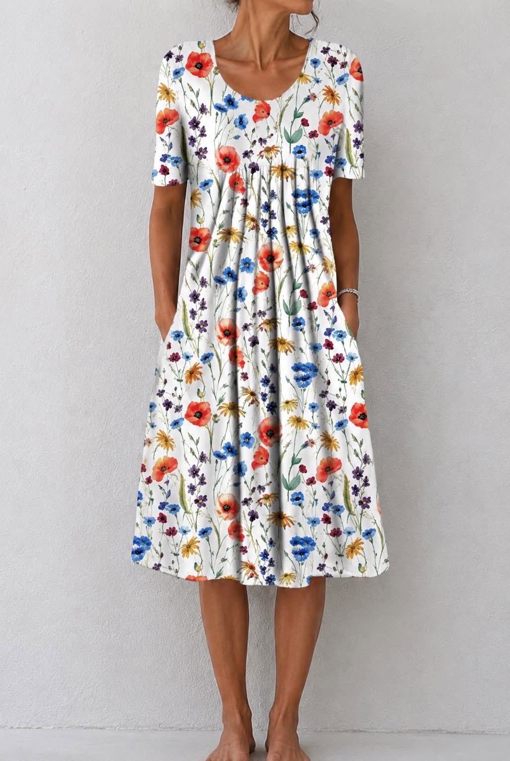 Erin Floral Print Short-Sleeve Women's Midi Dress with Pockets
