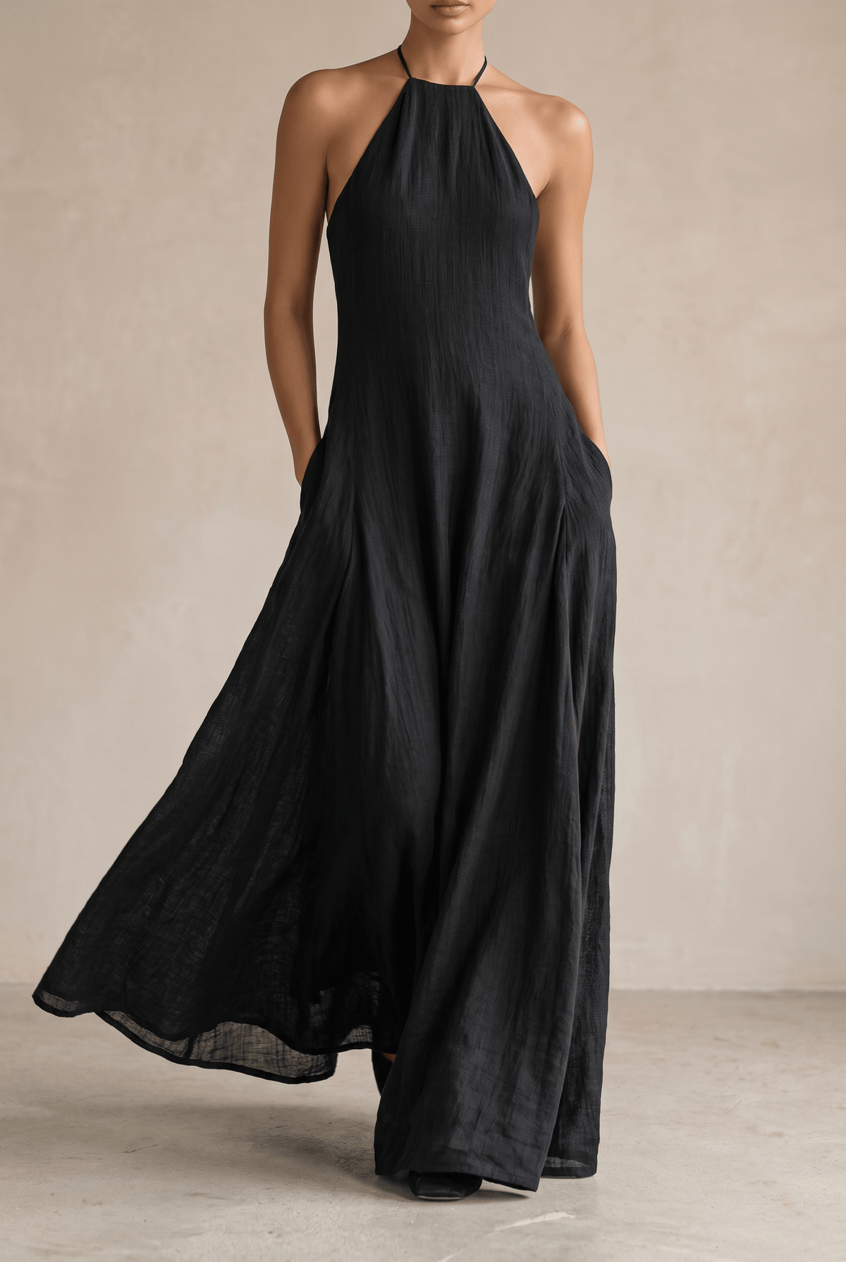 Halter Neck Linen Blend Sleeveless Summer Maxi Dress
