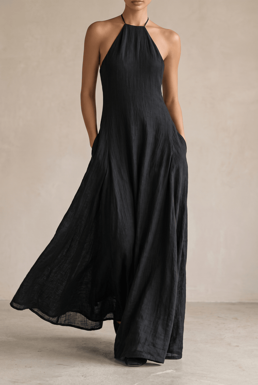 Halter Neck Linen Blend Sleeveless Summer Maxi Dress