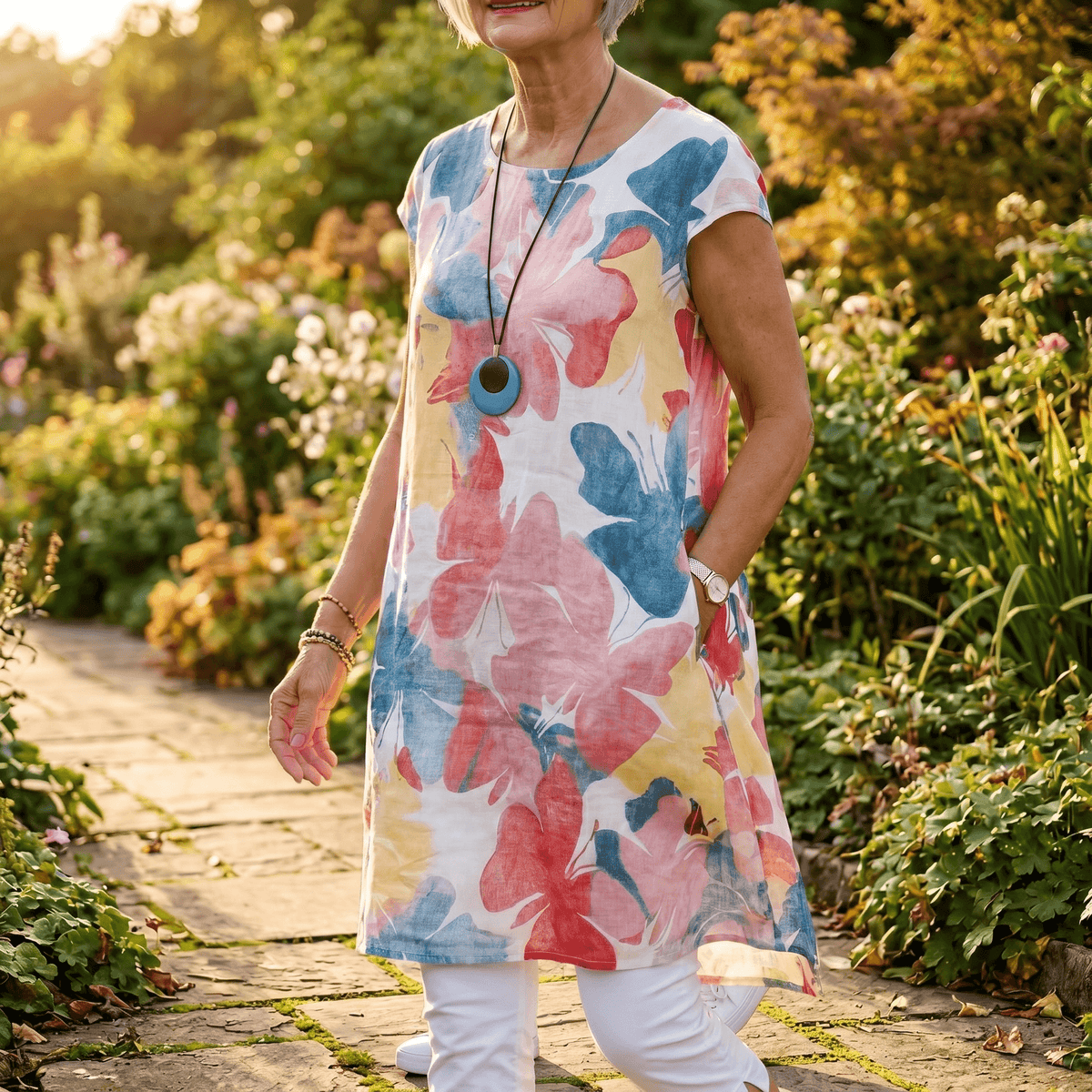 Florella Watercolor Floral Cap-Sleeve Polyester Women's Midi Dress