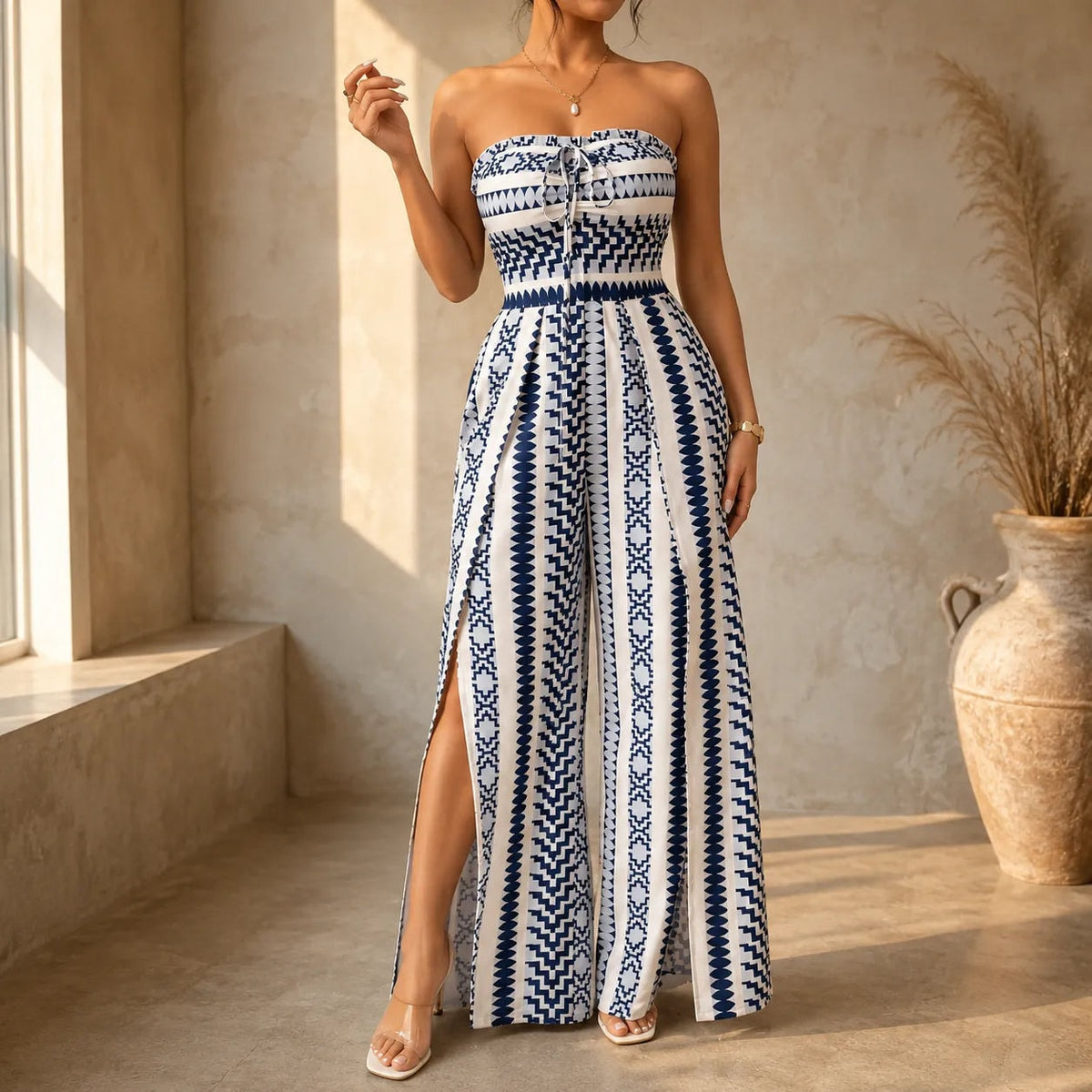 Solvana Strapless Wide-Leg Slit Jumpsuit for Women