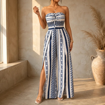 Solvana Strapless Wide-Leg Slit Jumpsuit for Women