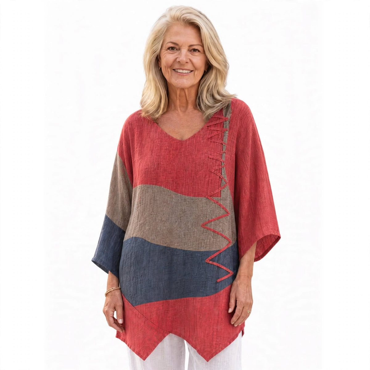 Nora Fitzgerald Colorblock Linen Blouse with Long Sleeves for Women