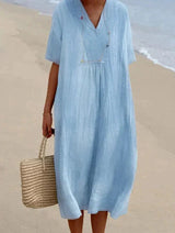 Women's Cotton Linen V-Neck Summer Midi Dress with Side Pockets