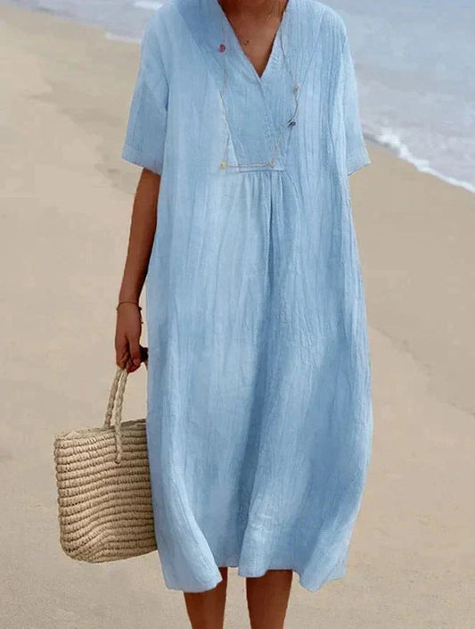 Women's Cotton Linen V-Neck Summer Midi Dress with Side Pockets