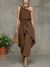 One-Shoulder Linen Jumpsuit with Harem Wide-Leg Silhouette and Tie Waist