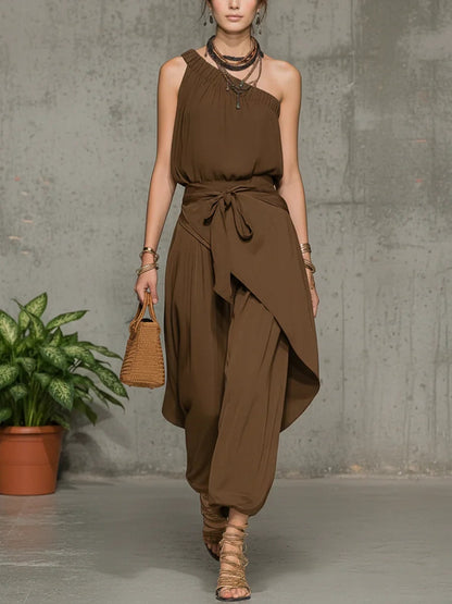 One-Shoulder Linen Jumpsuit with Harem Wide-Leg Silhouette and Tie Waist
