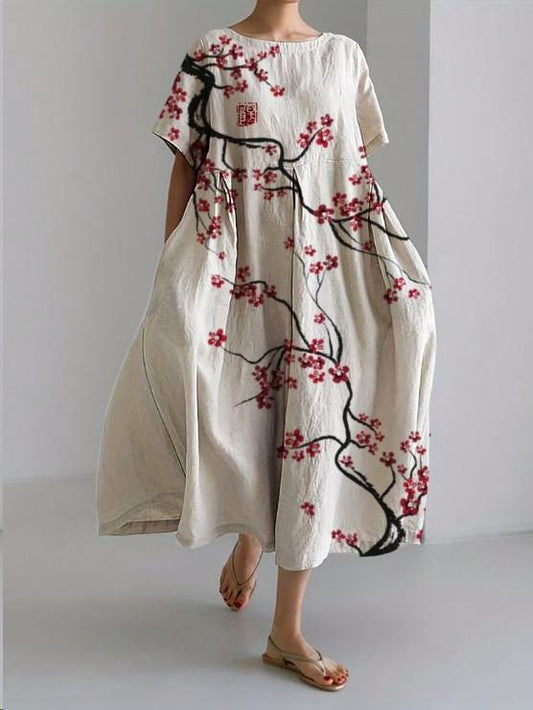 Ditsy Floral Print Cotton Linen Maxi Dress with Loose Bohemian Fit