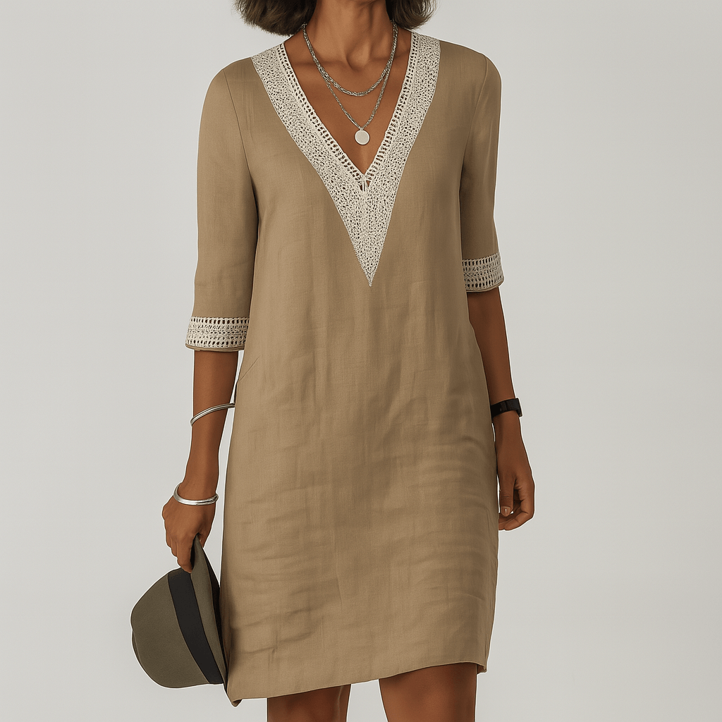 Women's Linen Crochet-Trim Summer Midi Dress with Half Sleeves