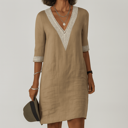 Women's Linen Crochet-Trim Summer Midi Dress with Half Sleeves