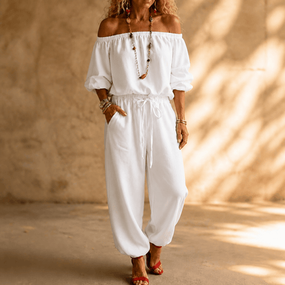 Off-Shoulder Two Piece Co Ord Set with Drawstring Waist Pants