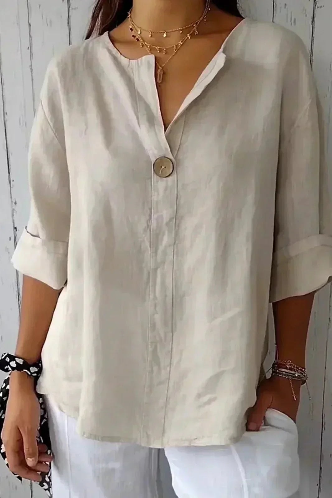 Natasha Linen Blouse with V-Neck Single Button and Rolled Sleeves