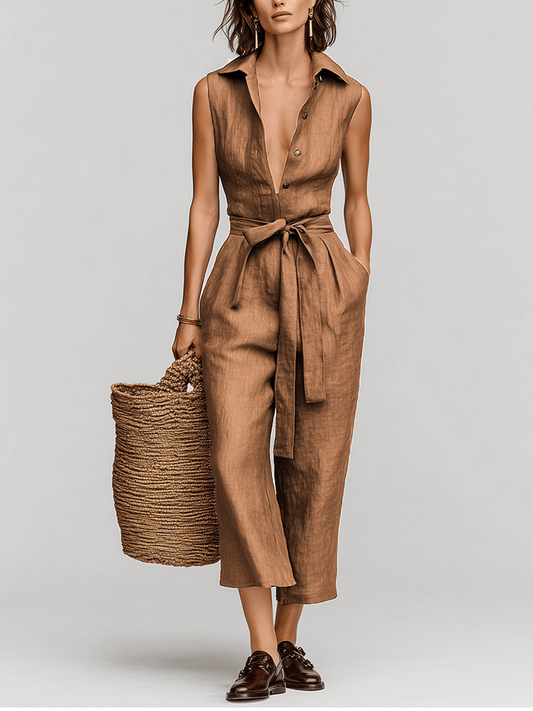 Women's Belted Wide-Leg Linen Jumpsuit with Pockets