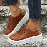 Leather Lace-Up Sneakers with Thick Platform Sole and Metallic Chain Detail