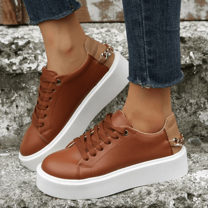 Leather Lace-Up Sneakers with Thick Platform Sole and Metallic Chain Detail