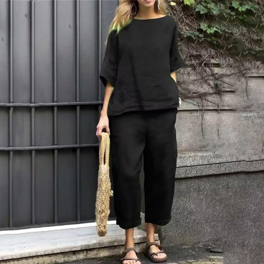 Emma Matching Co-Ord Two-Piece Set in Cotton-Linen with Boxy Top and Cropped Pants
