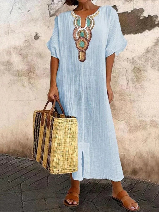 Embroidered Boho Kaftan Maxi Dress for Women
