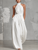 Women's Halter Neck Wide Leg Linen Jumpsuit with Belted Waist