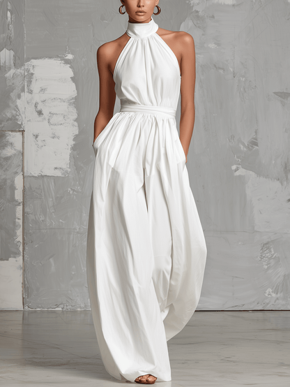 Women's Halter Neck Wide Leg Linen Jumpsuit with Belted Waist