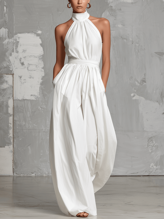 Women's Halter Neck Wide Leg Linen Jumpsuit with Belted Waist