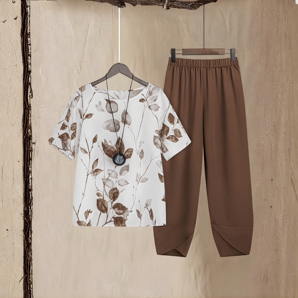 Women's Floral Leaf Print Top and Trouser Two-Piece Coordinate Set