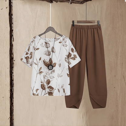 Women's Floral Leaf Print Top and Trouser Two-Piece Coordinate Set