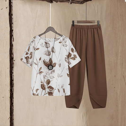 Women's Floral Leaf Print Top and Trouser Two-Piece Coordinate Set
