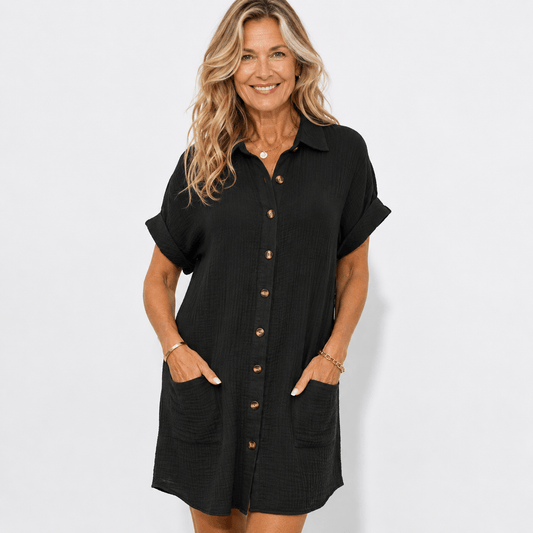 Emilia Weston Cotton Linen Button-Front Shirt Dress for Women