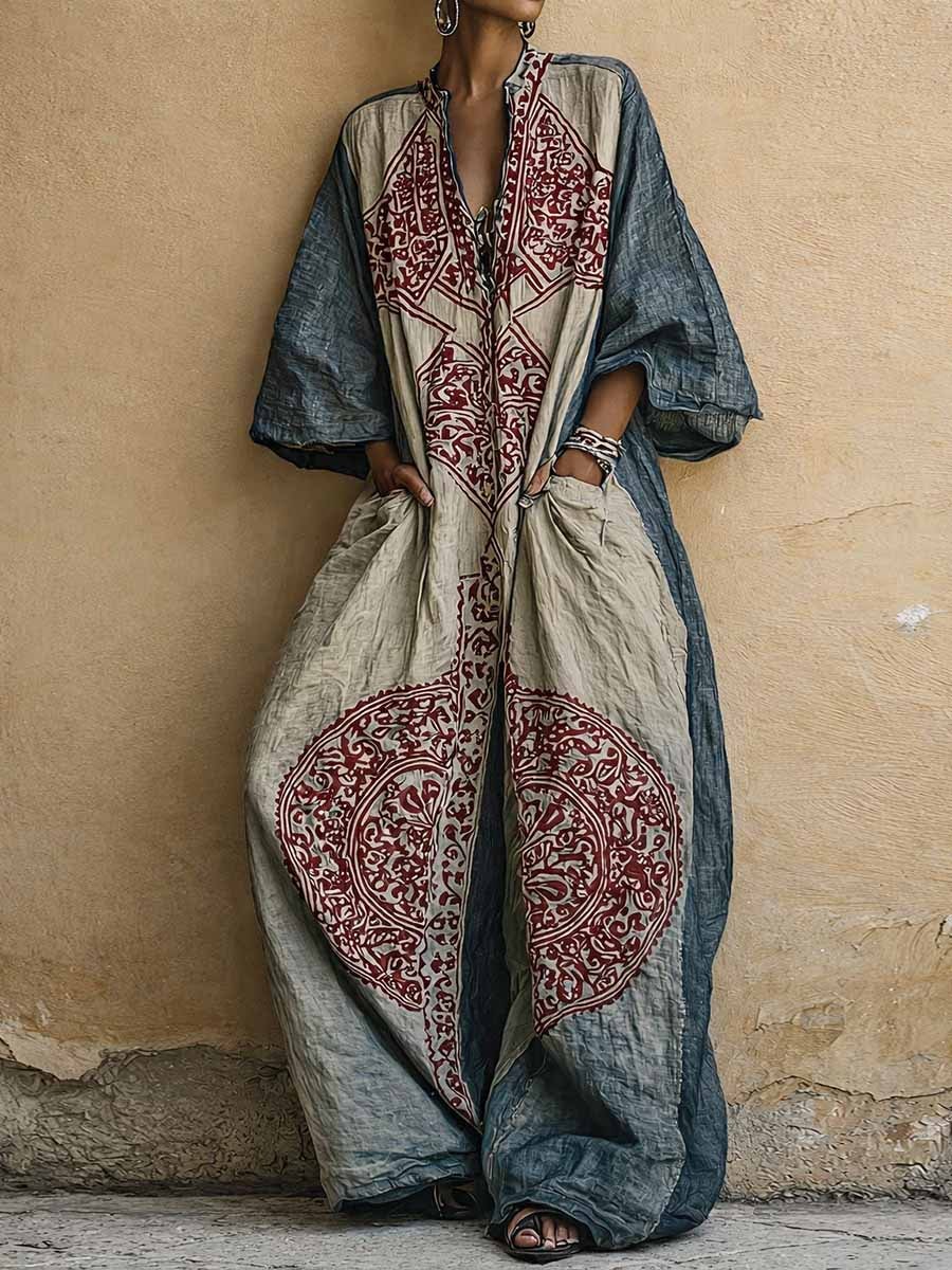 Women's Wide-Leg Linen Jumpsuit with V-Neck and Ethnic Print