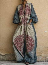 Women's Wide-Leg Linen Jumpsuit with V-Neck and Ethnic Print
