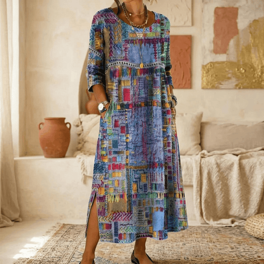 Women's Artisan Patchwork Print Long Sleeve Dress with Pockets