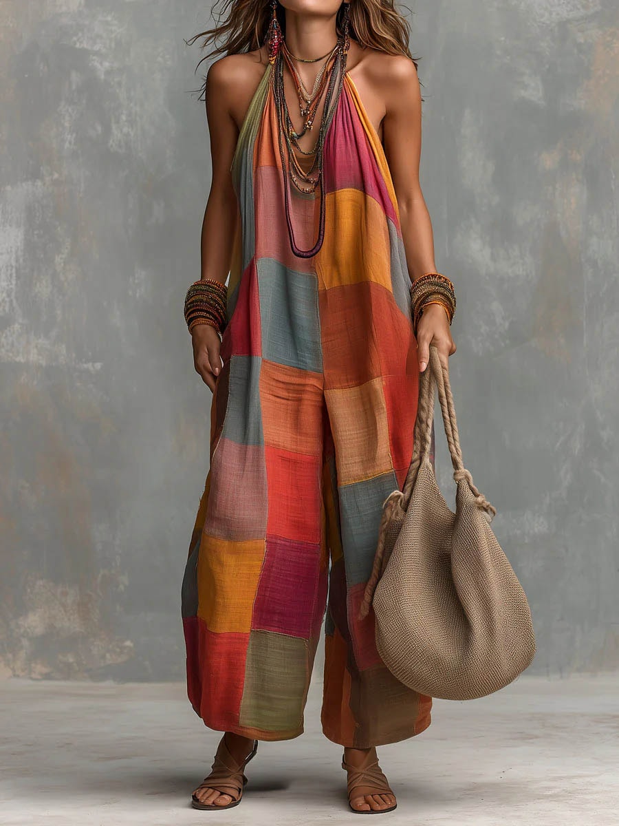 Women's Patchwork Linen-Cotton Jumpsuit with Wide Legs and V-Neck