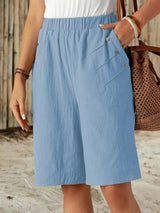 Women's Linen-Cotton Knee-Length Shorts with Button Pockets