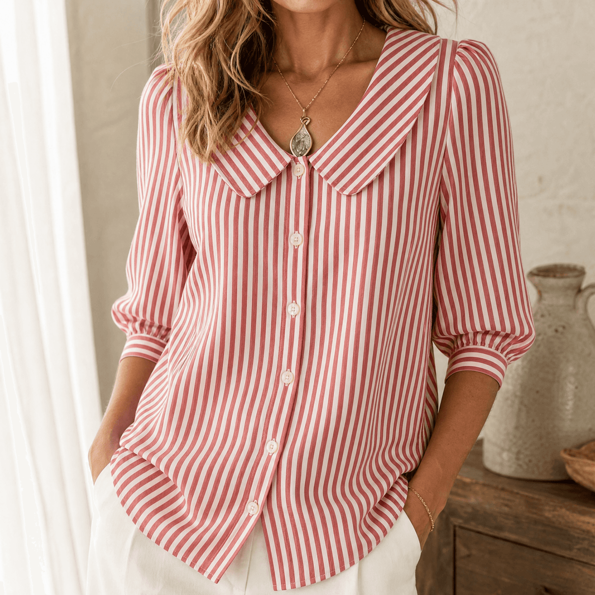 Solène Striped Sailor Collar Top with Puff Sleeves for Women