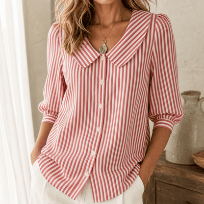 Solène Striped Sailor Collar Top with Puff Sleeves for Women