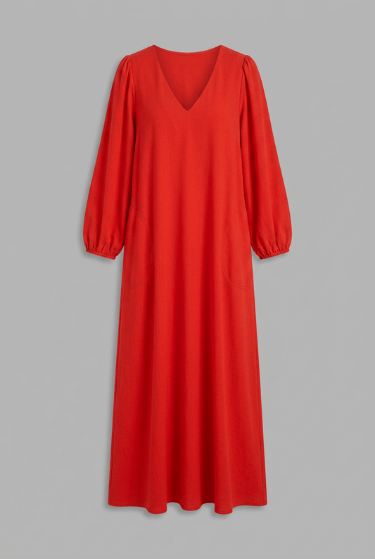 V-Neck Cotton Maxi Dress with Gathered Sleeves and Side Pockets