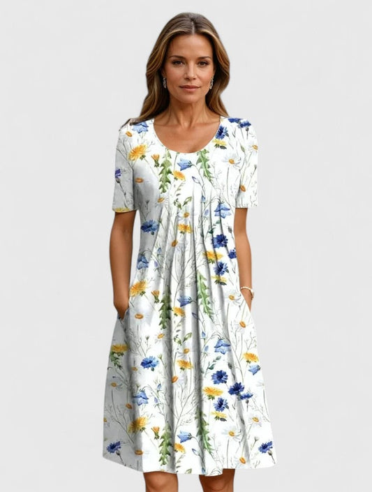 Floral Pocketed Pleated Fit and Flare Women's Midi Dress