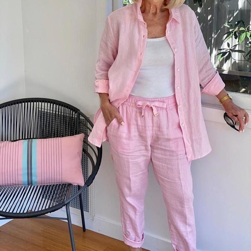 Zélie Matching Linen Co-Ord Two-Piece Set with Button Shirt and Drawstring Pants