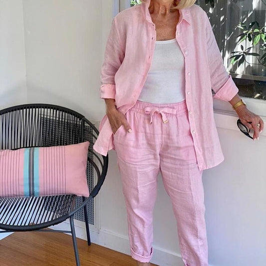 Zélie Matching Linen Co-Ord Two-Piece Set with Button Shirt and Drawstring Pants
