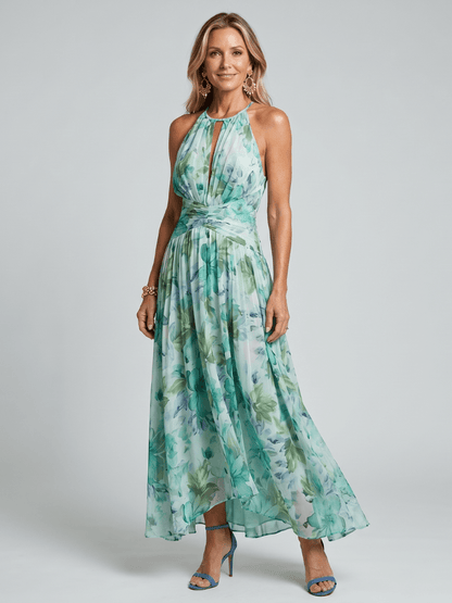 Floral Halter Neck Women's Summer Maxi Dress with Open Back