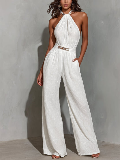 Halter-Neck Wide-Leg Jumpsuit for Women with Waist Detail