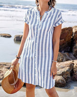 Women's Striped Cotton Button-Front Shirt Midi Dress with Short Sleeves