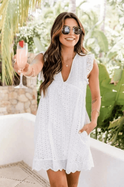 Women's White Summer Mini Dress with V-Neck Ruffle Cap Sleeves and Eyelet Detail