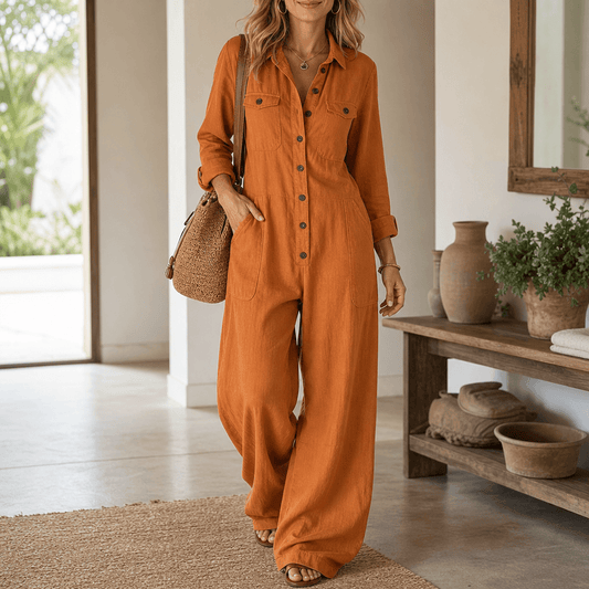 Women's Wide-Leg Cargo Utility Jumpsuit with Button-Front Top