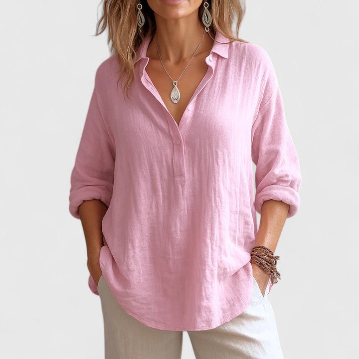 Franzina Collared Linen Blouse with Long Sleeves for Women