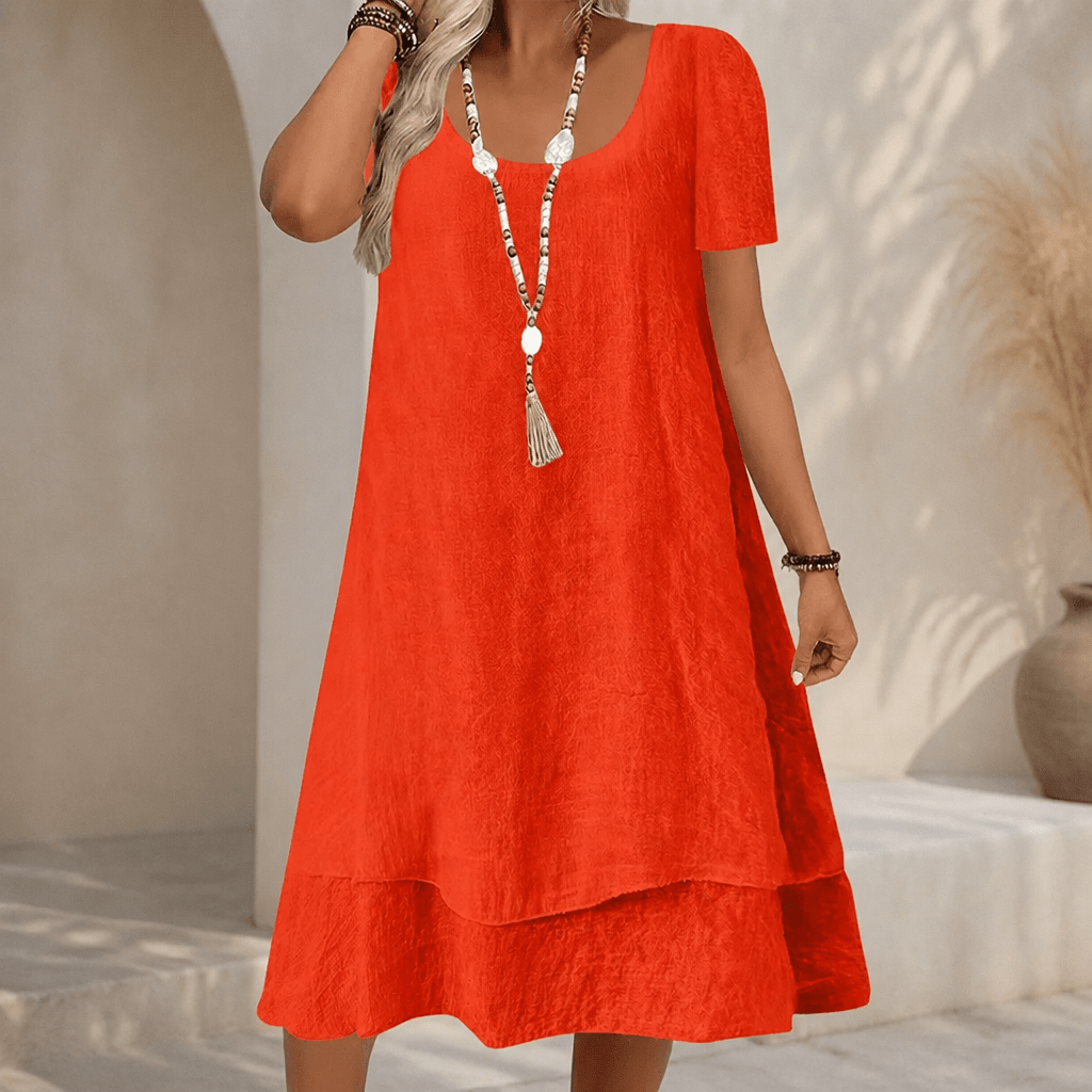 Layered Double-Hem A-Line Cotton Linen Summer Midi Dress for Women with Short Sleeves