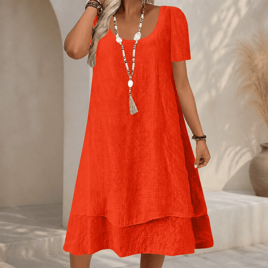Layered Double-Hem A-Line Cotton Linen Summer Midi Dress for Women with Short Sleeves