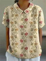 Floral Print Peter Pan Collar Short Sleeve Blouse for Women