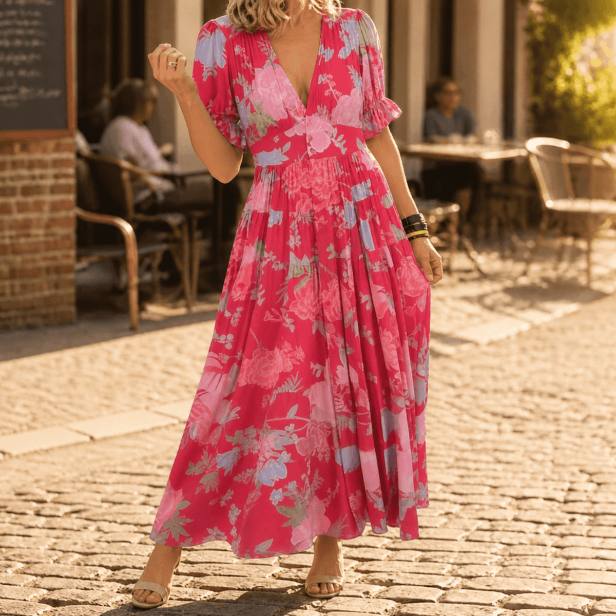 Minelda Floral Tiered V-Neck Women's Summer Maxi Dress with Flutter Sleeves and Belted Waist